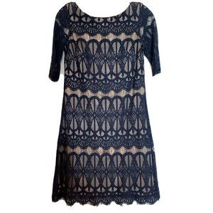 Eliza J Dress Lace Cocktail Sheath Knee Length Short Sleeve Crochet Navy Blue 4